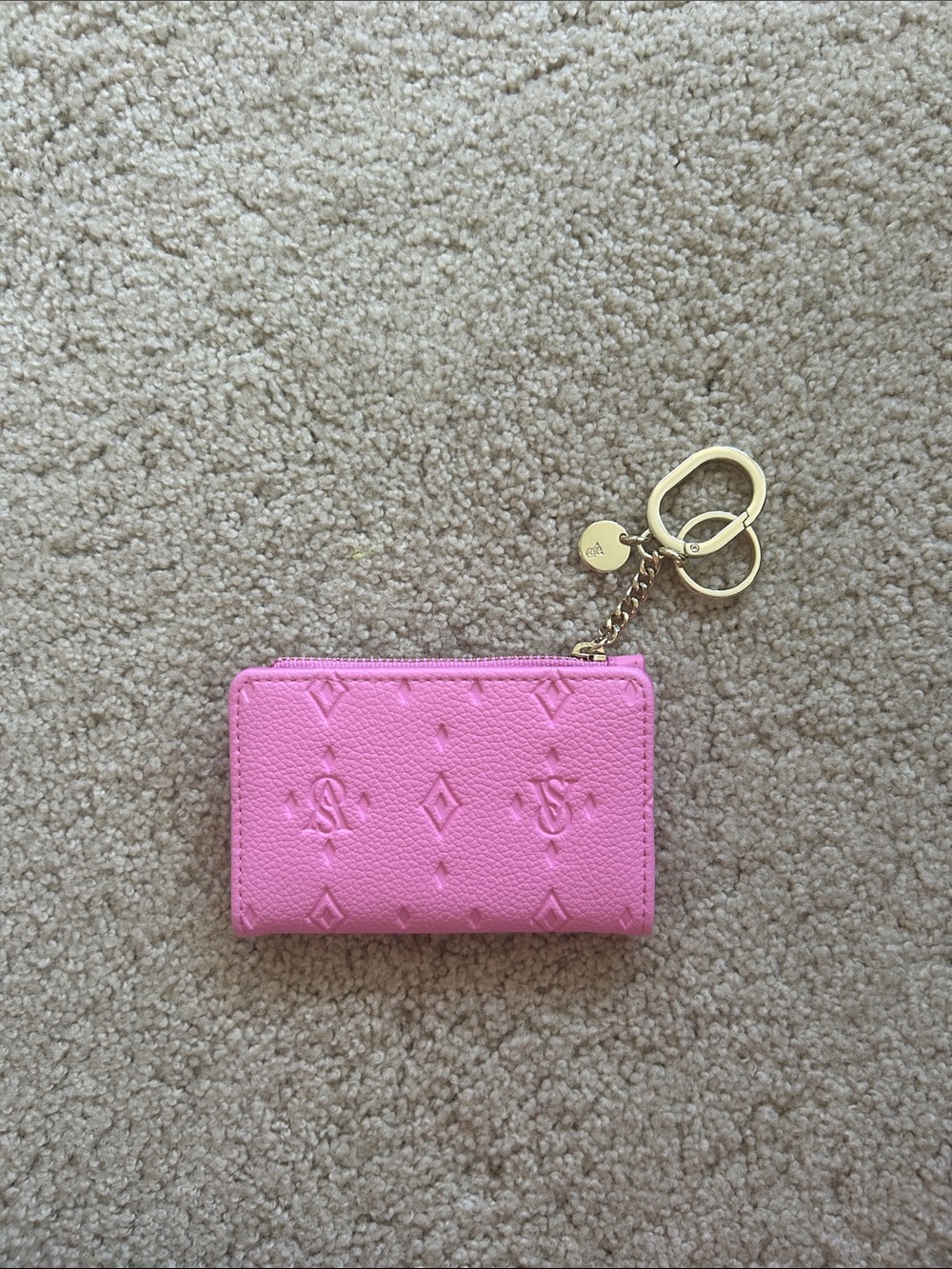 PINK Victoria's Secret Embossed Pink Zip Key & Card Holder with Gold Hardware